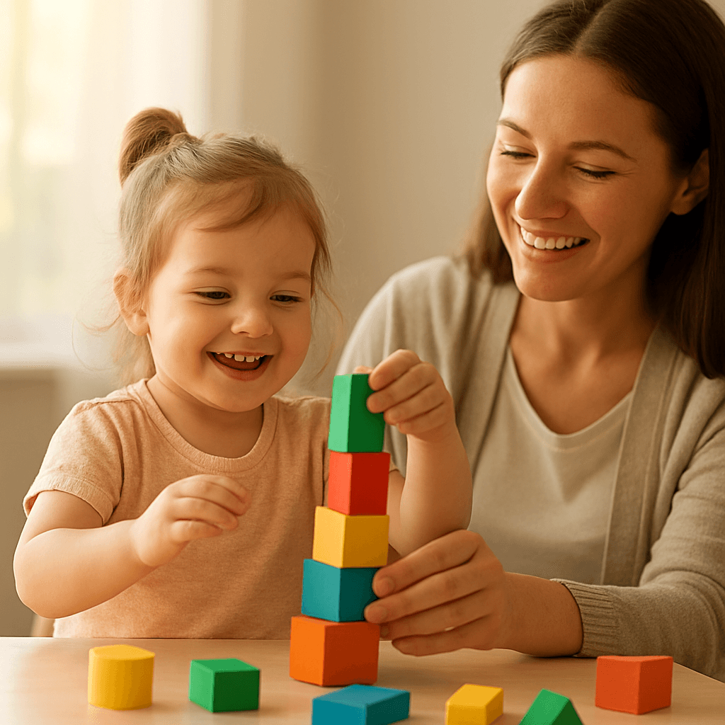 A therapist helping a smiling toddler stack colorful building blocks